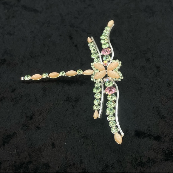 NWT GIVENCHY Dragonfly Pin Brooch Peach Moonstone Silver Tone Green Pink Crystal - Picture 4 of 9